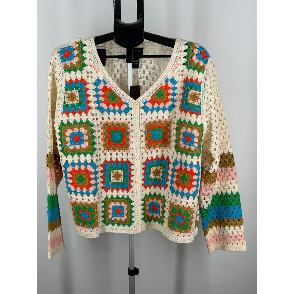 LIV Los Angeles Granny Square Crochet Cardigan Multi Color Boho Sweater 1X NEW